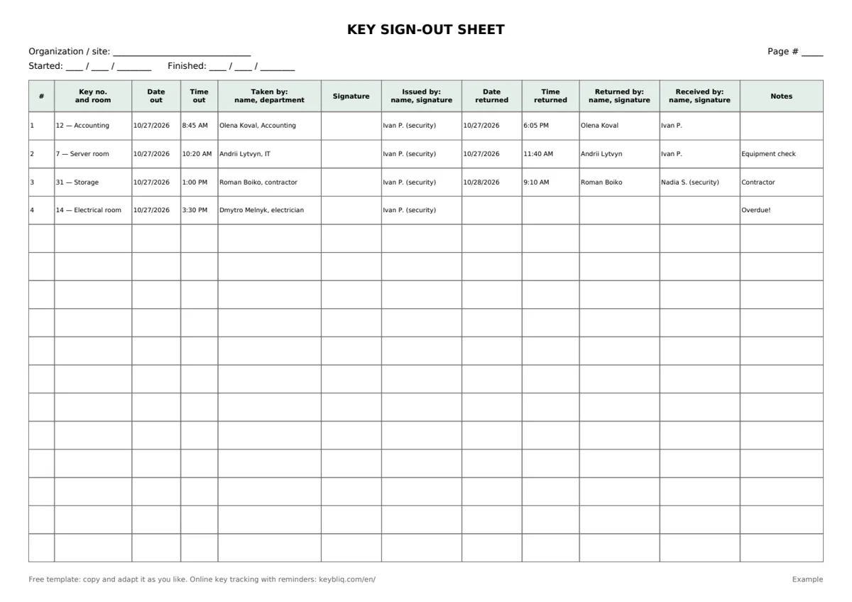 Filled-in key sign-out sheet example: four entries, one key overdue